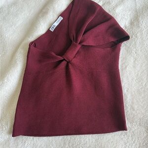 Zara Burgundy One-Shoulder Twist Knit Top